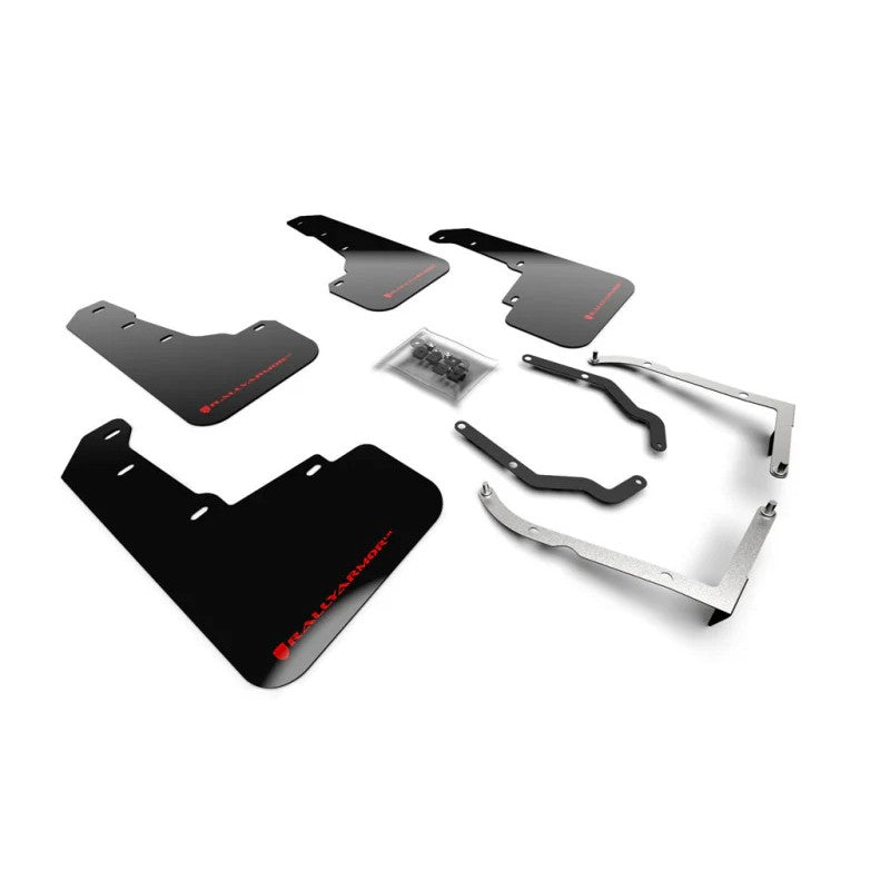 Rally Armor black UR series polyurethane mud flaps with red logo for 2018-2023 Subaru Crosstrek.