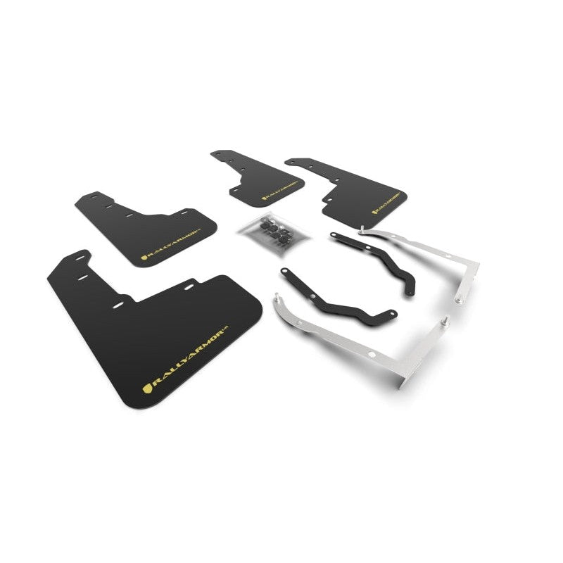 Rally Armor UR black polyurethane mud flap with yellow pearl logo for 2018-2023 Subaru Crosstrek