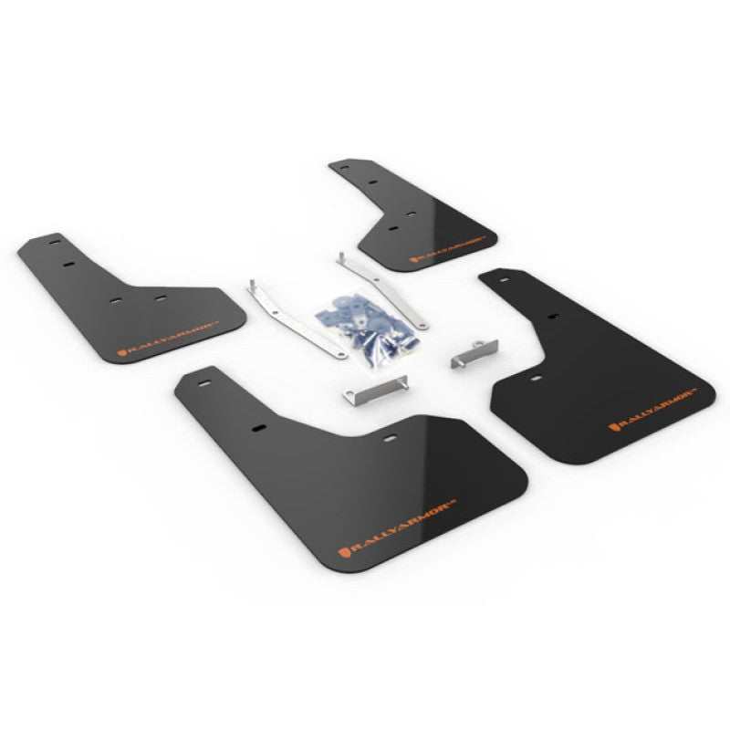 Black Rally Armor UR polyurethane mud flaps with orange logo for 2019-2021 Subaru Forester.