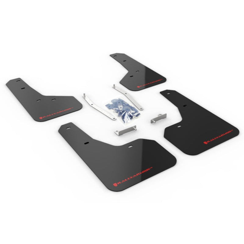 Rally Armor MF52-UR-BLK/RD black polyurethane UR Series mud flaps with red logo for 2019-2021 Subaru Forester.