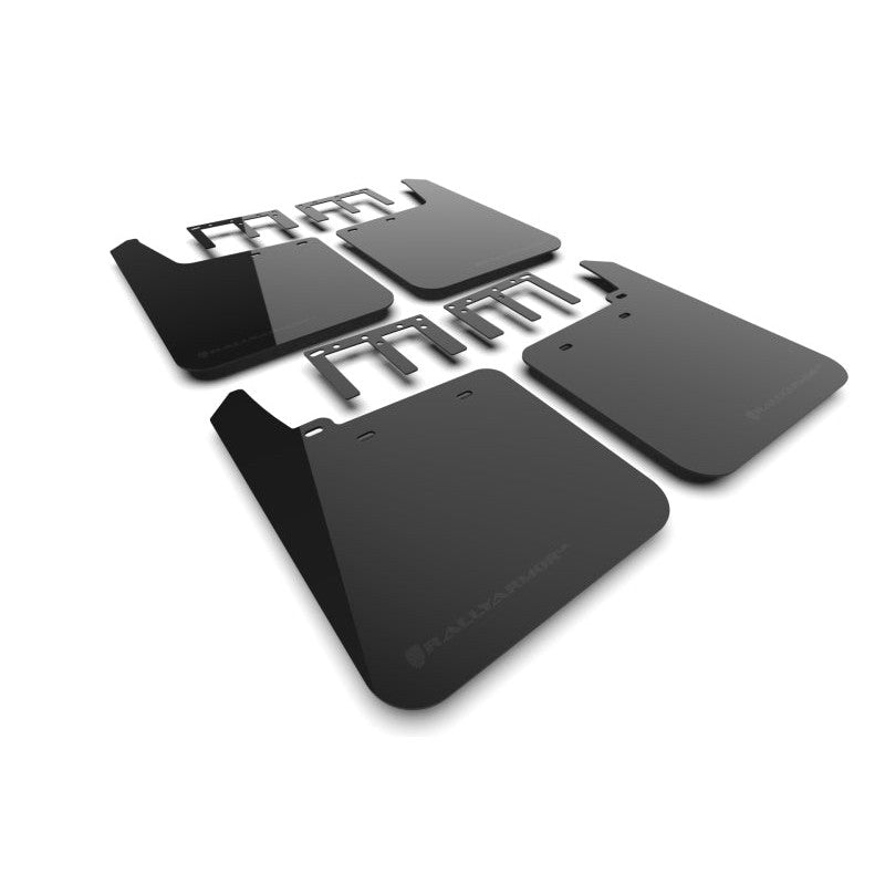 Black Rally Armor UR polyurethane mud flaps with metallic black logos for 2019-2025 GMC Sierra 1500 AT4.