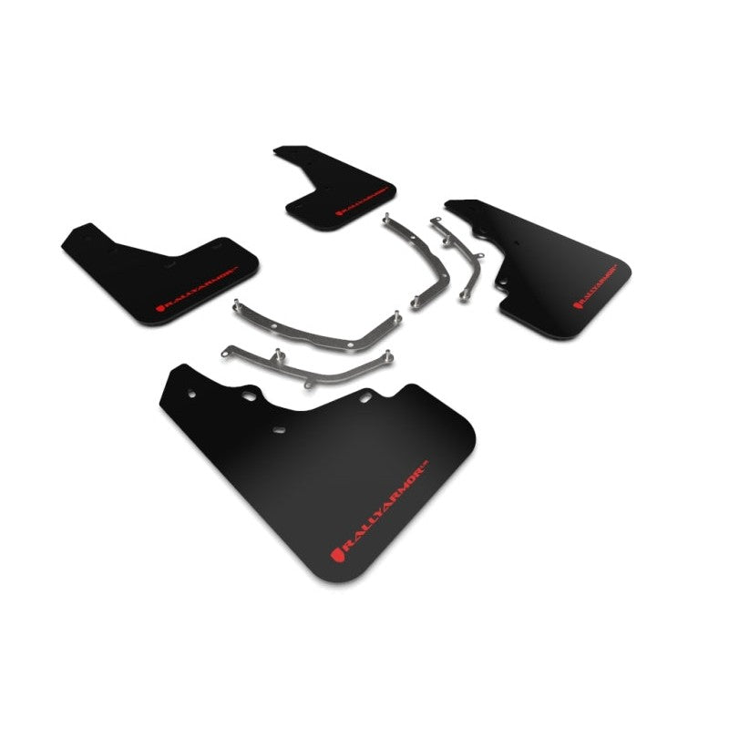 Rally Armor UR black polyurethane mud flaps with red logo for 2019-2025 Mazda 3 Hatchback