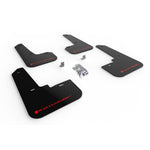 Set of black Rally Armor UR polyurethane mud flaps with red logos for 2020-2025 Subaru Legacy.