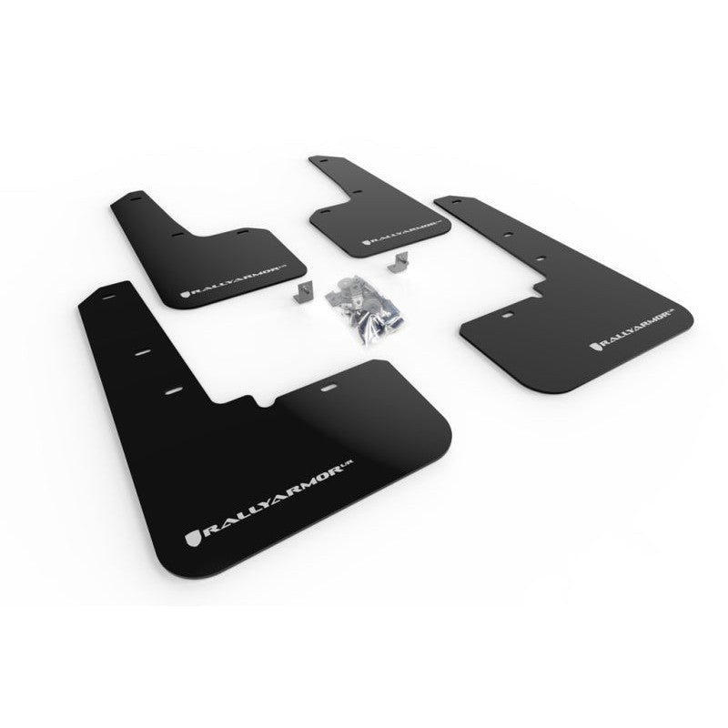 Set of four black Rally Armor UR polyurethane mud flaps with white logos for 2020-2025 Subaru Outback models.