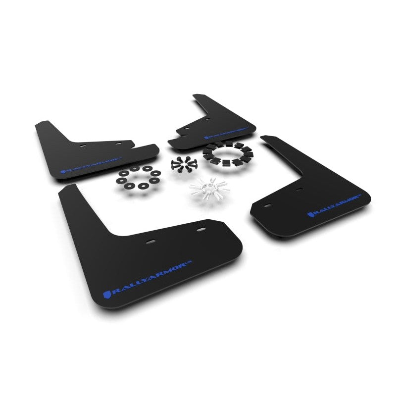 A set of four Rally Armor black UR polyurethane mud flaps with blue logos for 2020-2026 Tesla Model Y.