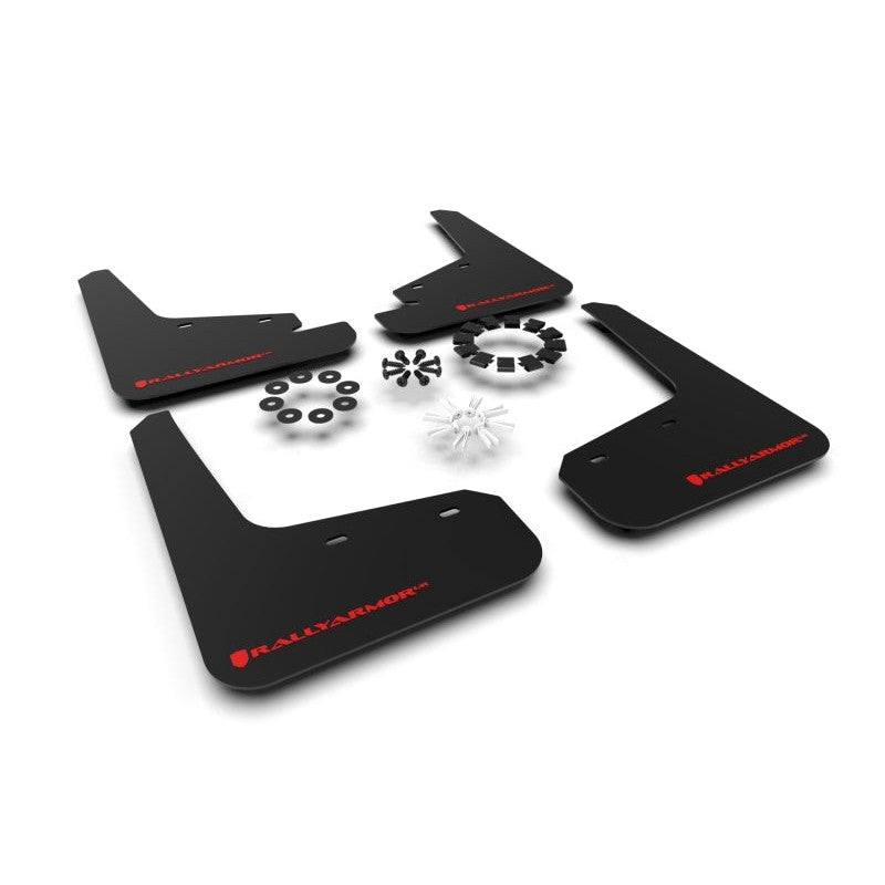 Rally Armor UR black polyurethane mud flaps with red logo for Tesla Model Y.