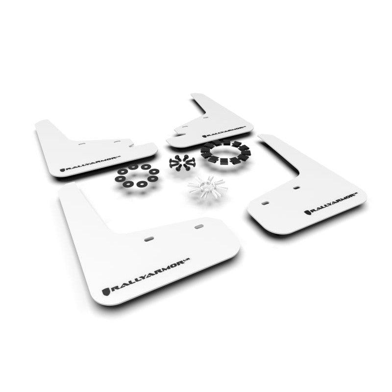 White Rally Armor UR polyurethane mud flaps with black logo for Tesla Model Y
