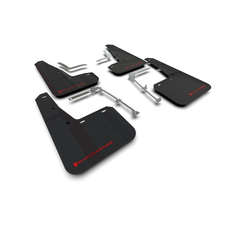 Four black Rally Armor UR polyurethane mud flaps with red logos for 2020-2026 Toyota GR Yaris.