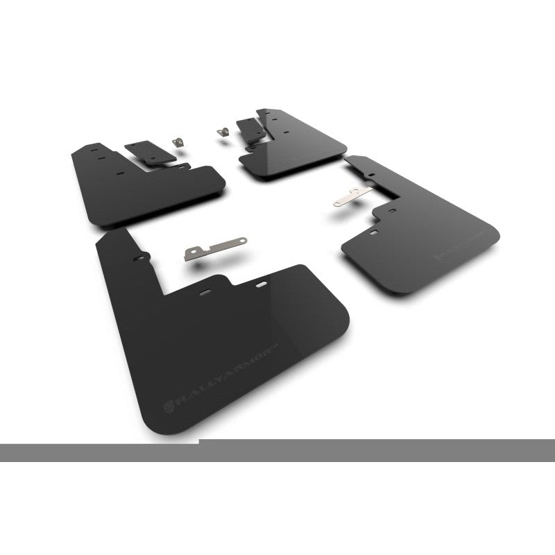 Rally Armor UR series black polyurethane mud flaps with metallic black logo for 2021-2025 Ford Mustang Mach-E.