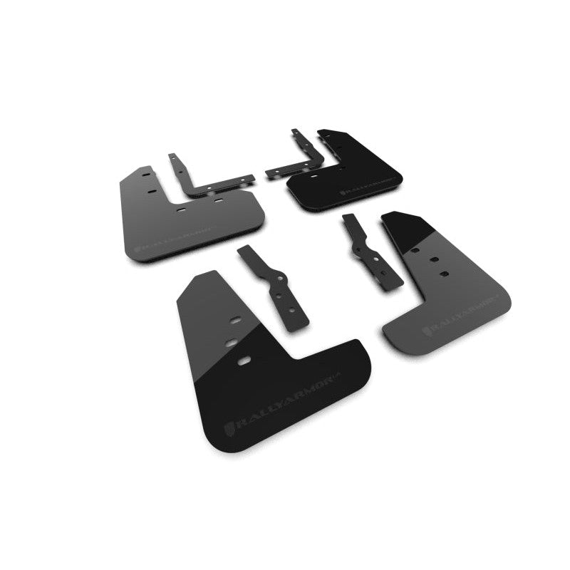 Set of four black Rally Armor UR polyurethane mud flaps with metallic black logos for 2024-2025 Ford Mustang.