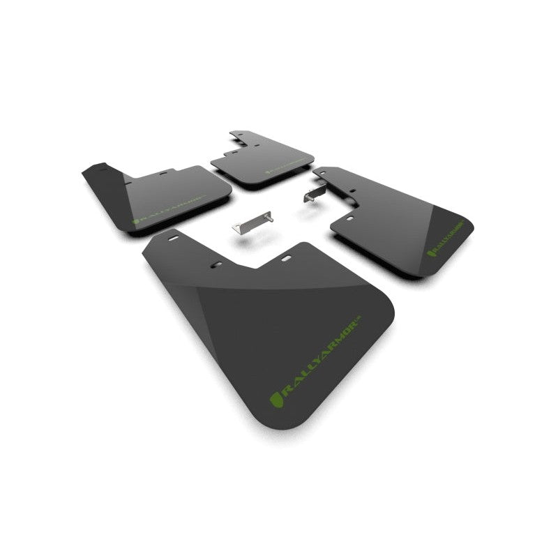 Set of four Rally Armor black UR polyurethane mud flaps with green logos for 2026 Subaru Outback.