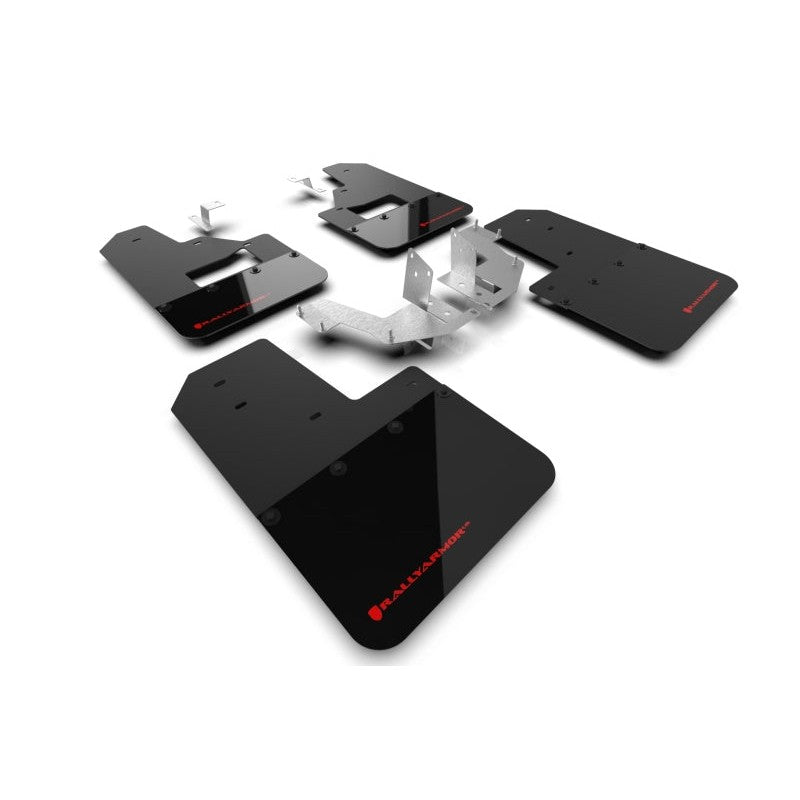 Rally Armor UR series black polyurethane mud flaps with red logo for 2021-2025 Ford Bronco with rock rails.