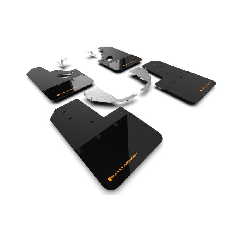 Black Rally Armor UR polyurethane mud flaps with Cayenne Orange logo for 2021-2025 Ford Bronco