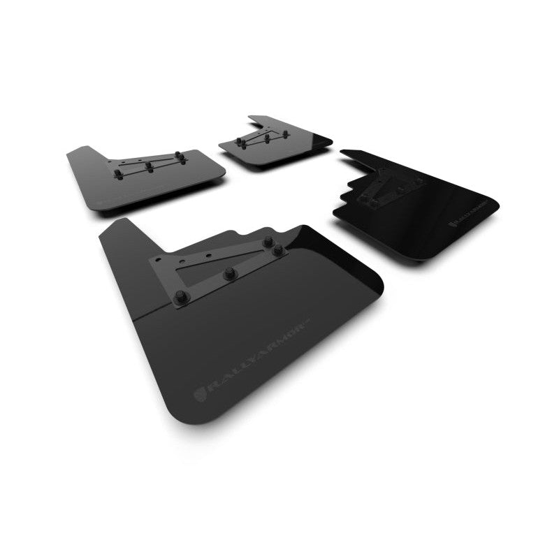 Set of four Rally Armor black polyurethane UR mud flaps with metallic black logos for 2021-2025 Ford F-150.