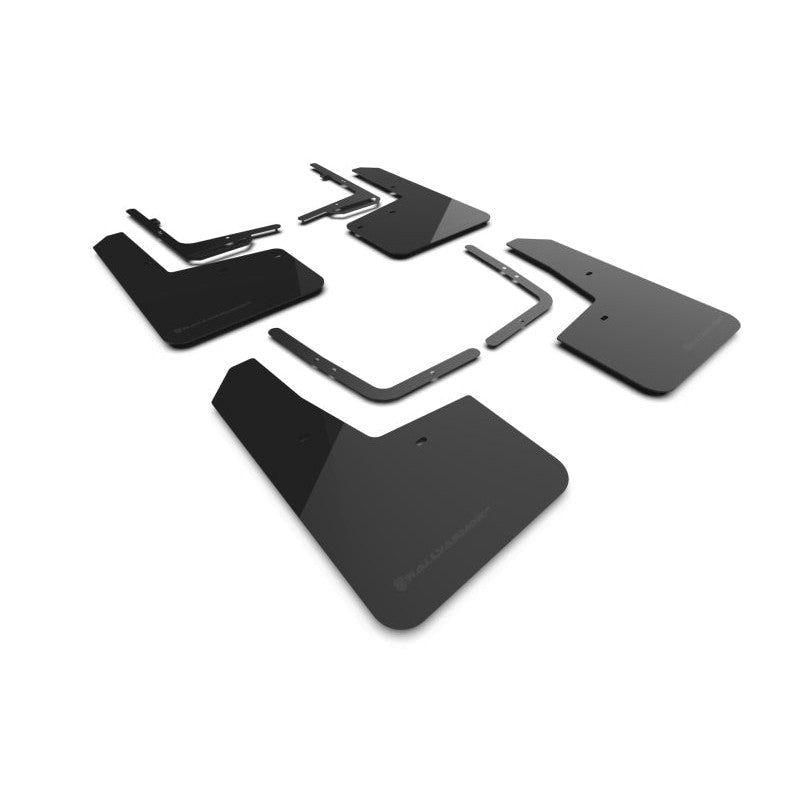 Black Rally Armor UR polyurethane mud flaps with metallic black logo for 2021-2025 Ford F-150 Raptor.