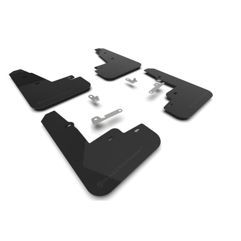 Four Rally Armor UR black polyurethane mud flaps with metallic black logos for 2021-2025 Ford Mustang Mach-E.