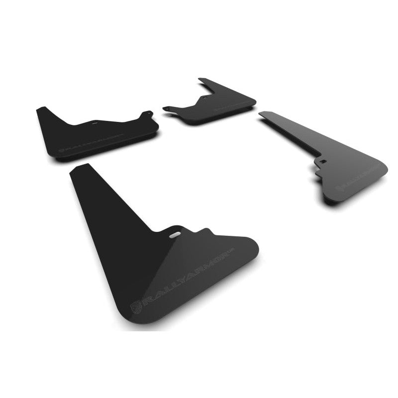 A set of four Rally Armor UR black polyurethane mud flaps with a metallic black logo for 2021-2026 Tesla Model S.