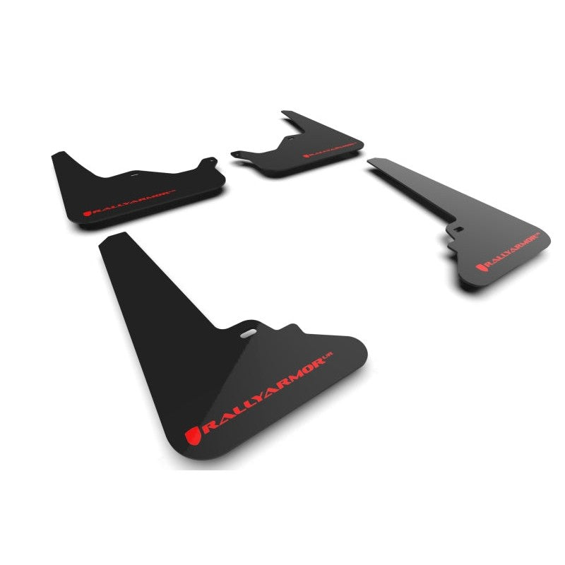 Black Rally Armor UR polyurethane mud flaps with red logos for 2021-2026 Tesla Model S and Model S Plaid.