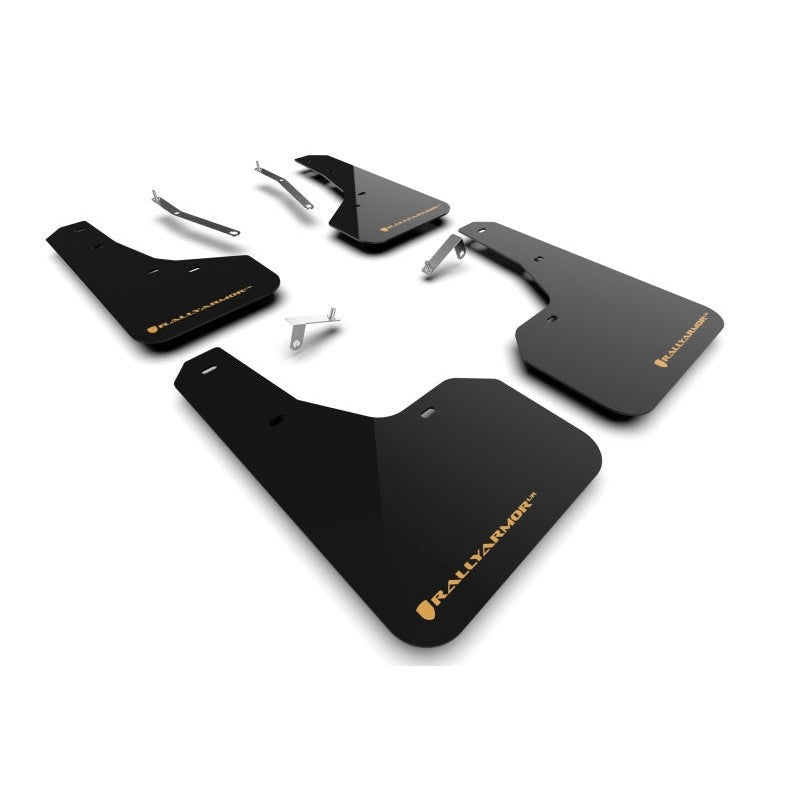 Black Rally Armor UR polyurethane mud flaps with Wild Orange logo for 2022-2025 Subaru Forester and Wilderness.