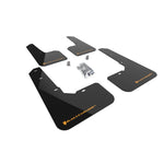 Rally Armor UR black polyurethane mud flaps featuring a Wild Orange logo for 2022-2025 Subaru Outback Wilderness.