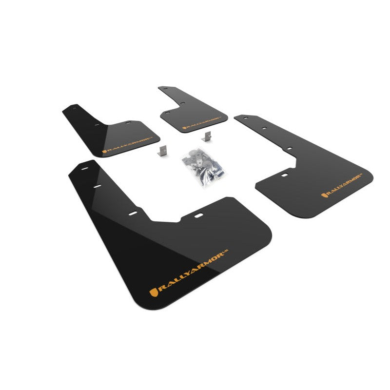 Rally Armor UR black polyurethane mud flaps featuring a Wild Orange logo for 2022-2025 Subaru Outback Wilderness.