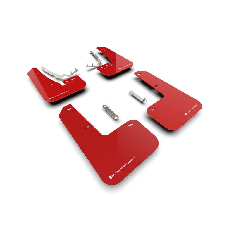 Red Rally Armor UR polyurethane mud flaps with white logo for 2022-2025 VW MK8 Golf GTI and Golf R.