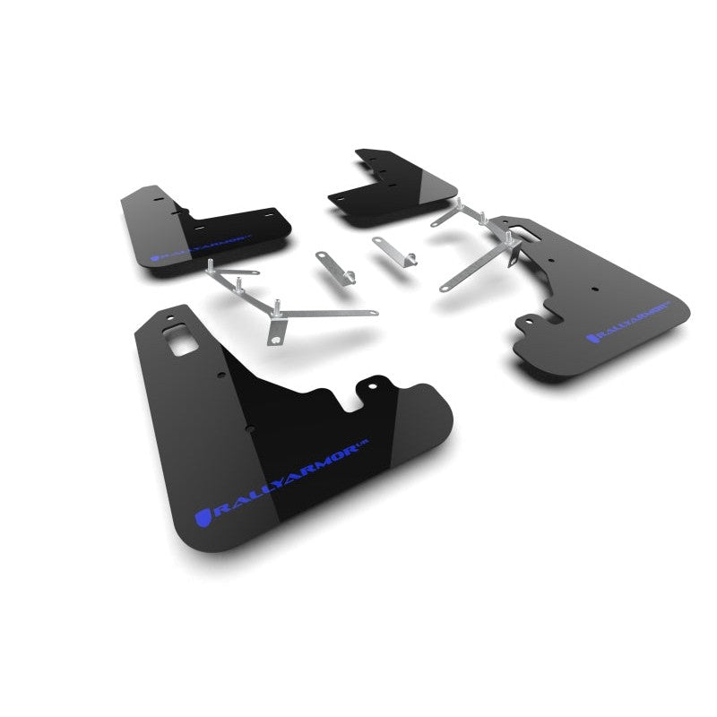 Black Rally Armor UR polyurethane mud flaps with blue logo and mounting hardware for 2022-2026 Subaru BRZ and Toyota GR86.