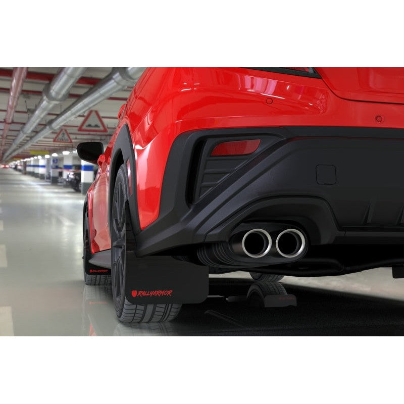 Rally Armor UR black polyurethane mud flaps with metallic black altered font logo for 2022-2026 Subaru WRX.