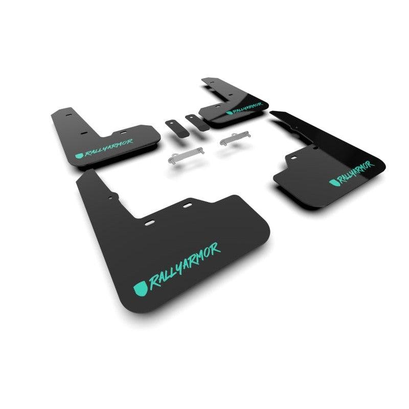 Set of four black Rally Armor UR polyurethane mud flaps with teal altered font logo for 2022-2025 Subaru WRX.