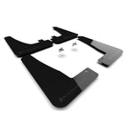 Set of four black Rally Armor UR polyurethane mud flaps with metallic black logos for 2022-2025 Tesla Model X.
