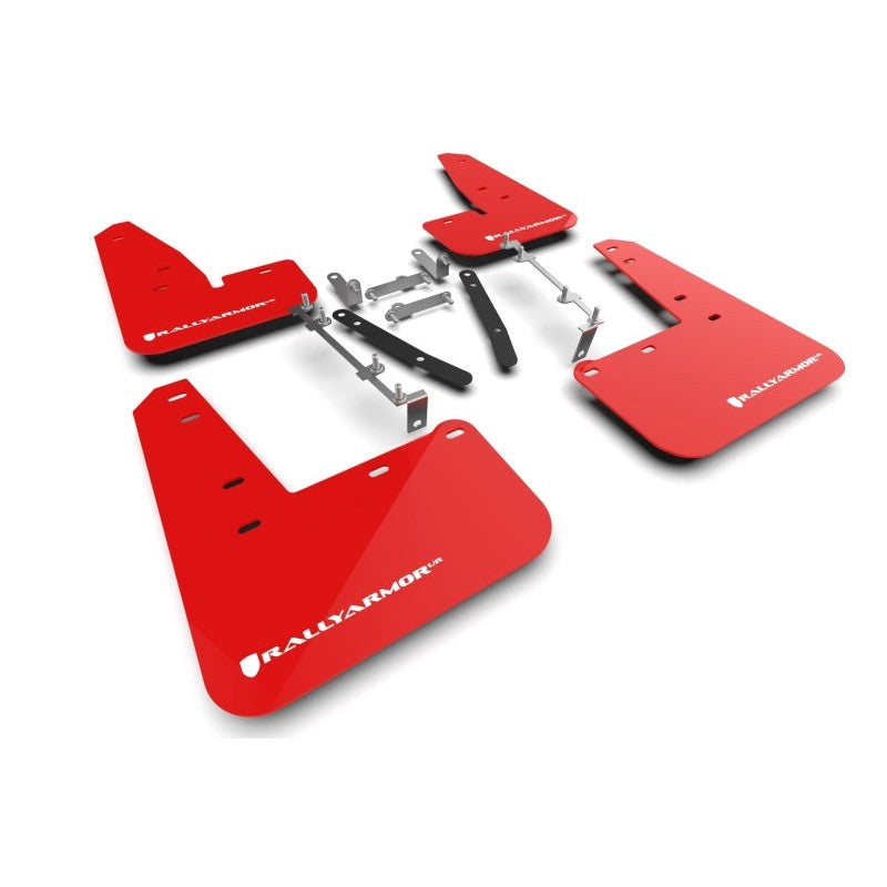 Set of four red Rally Armor UR polyurethane mud flaps with white logos for 2023-2026 Toyota GR Corolla.