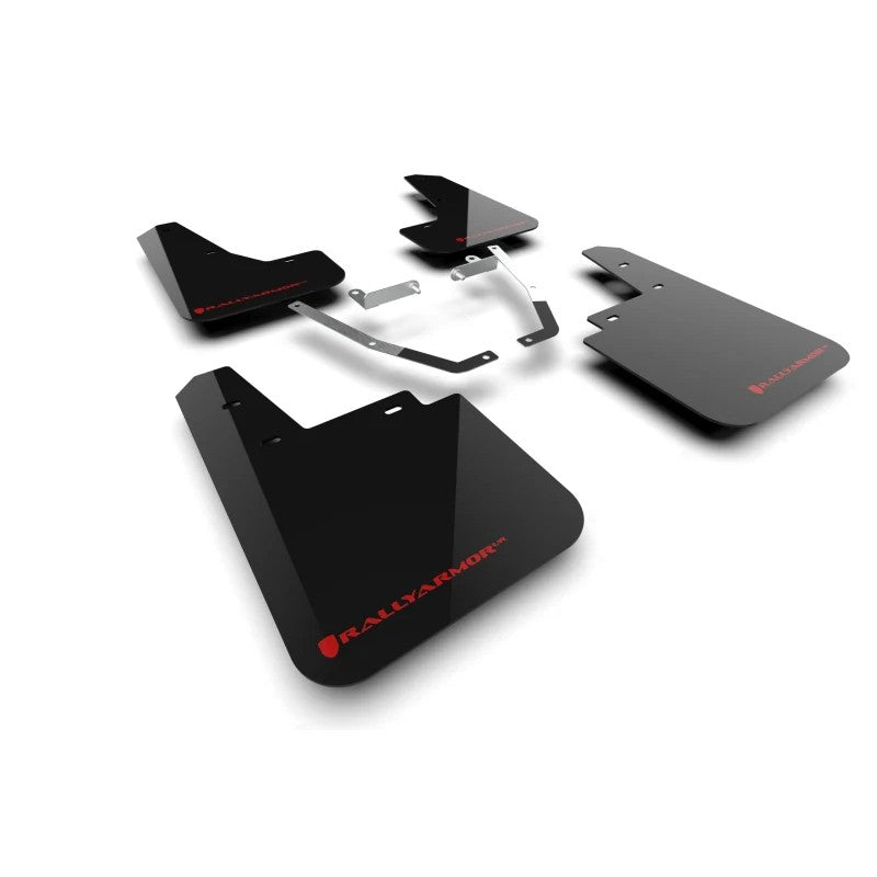 Black Rally Armor UR polyurethane mud flaps with red logo and mounting hardware for 2024-2026 Subaru Crosstrek Wilderness