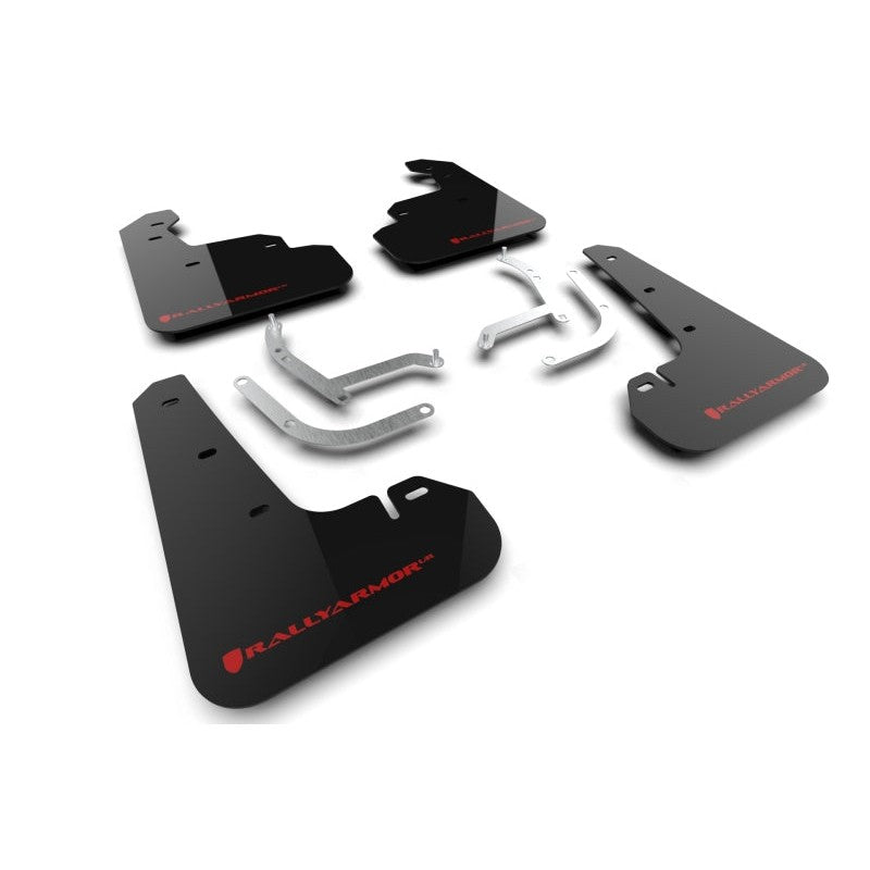 Set of black Rally Armor UR polyurethane mud flaps with red logo for 2024-2026 Subaru Impreza.