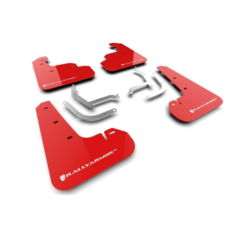 Red Rally Armor UR polyurethane mud flaps with white logo for 2024-2026 Subaru Impreza.