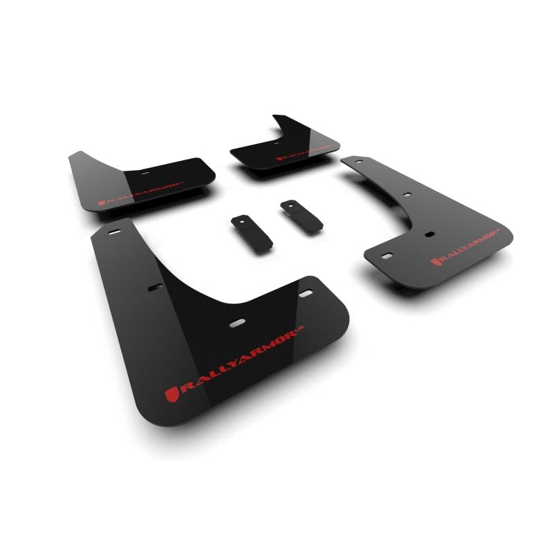 Black Rally Armor UR polyurethane mud flaps with red logo for the 2024-2026 Tesla Model 3 Highland.