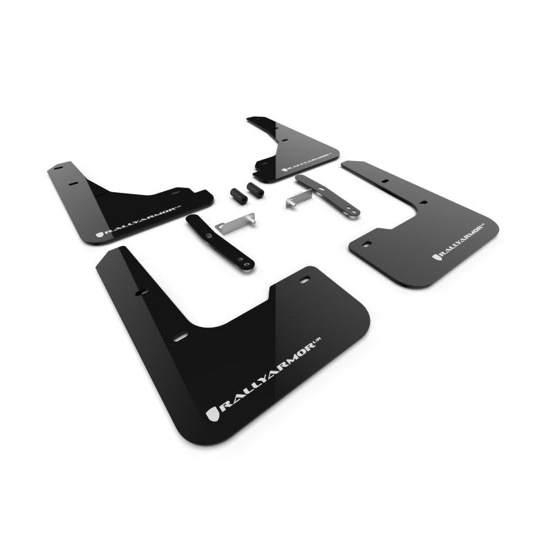 Four black Rally Armor UR polyurethane mud flaps with white logos for the 2024-2026 Tesla Model 3.