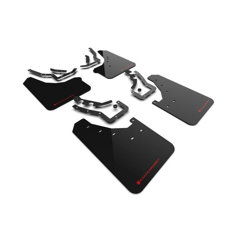 Set of four black Rally Armor UR polyurethane mud flaps with red logos for 2024-2026 Toyota Tacoma