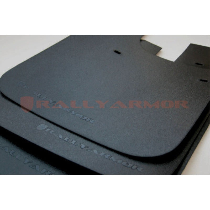 Set of four Rally Armor Basic black mud flaps with black logos and stainless mounting brackets for 1993-2001 Subaru Impreza.