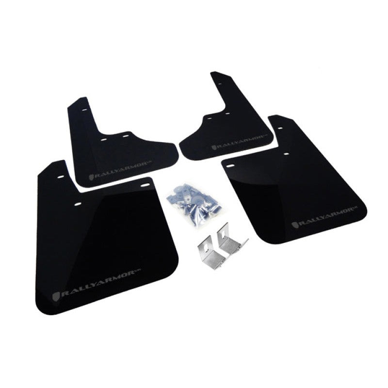 Four black Rally Armor UR polyurethane mud flaps with grey logos for 1993-2001 Subaru Impreza