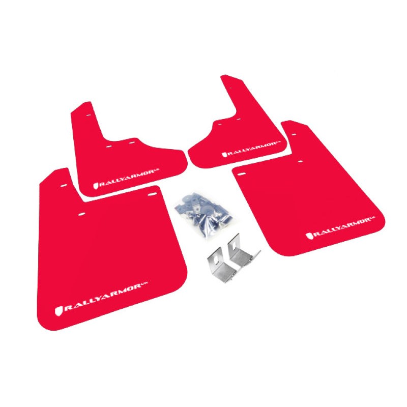 Set of four red Rally Armor UR polyurethane mud flaps with white logos for 1993-2001 Subaru Impreza.