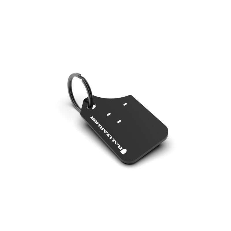 Black Rally Armor Mini UR mud flap keychain with white logo and attached silver metal split ring.