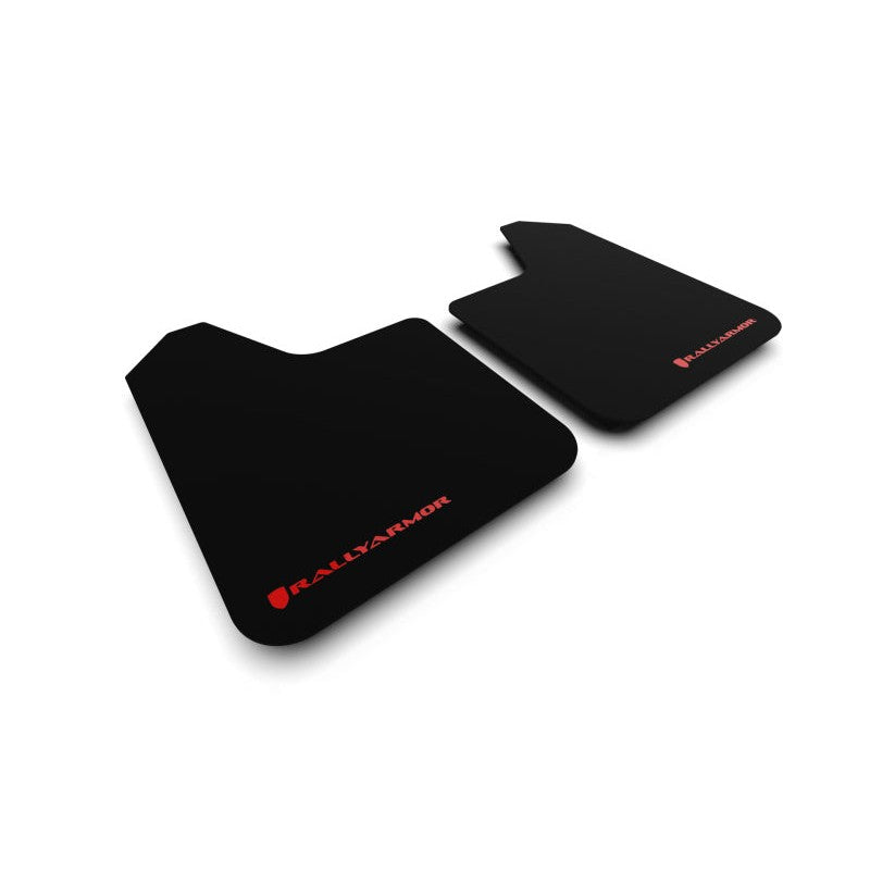 A pair of Rally Armor Universal Basic black plastic mud flaps featuring the red Rally Armor logo.