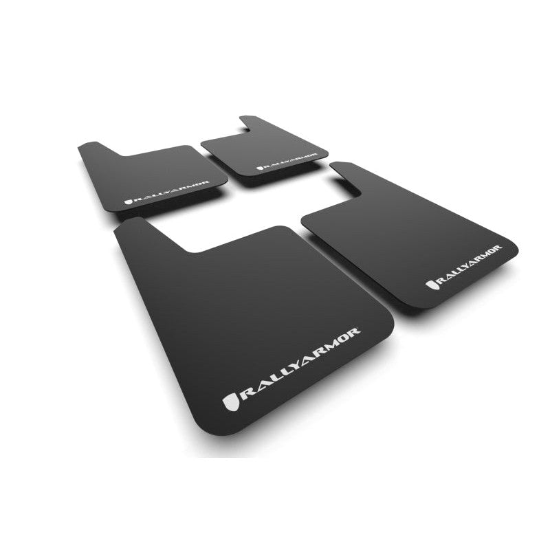 Set of four black Rally Armor Universal Basic Plus mud flaps with white logos and stainless steel mounting hardware.