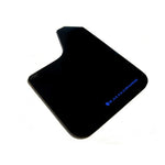Set of four black Rally Armor Basic universal mud flaps with a blue logo printed on the lower corner.