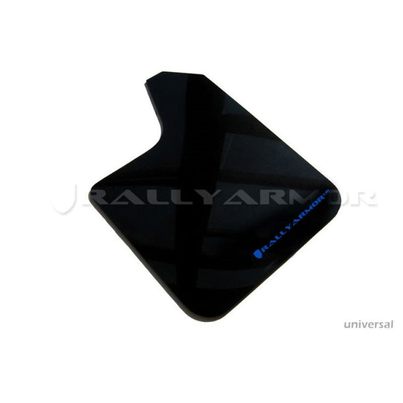 Four black Rally Armor UR polyurethane universal mud flaps featuring blue logos