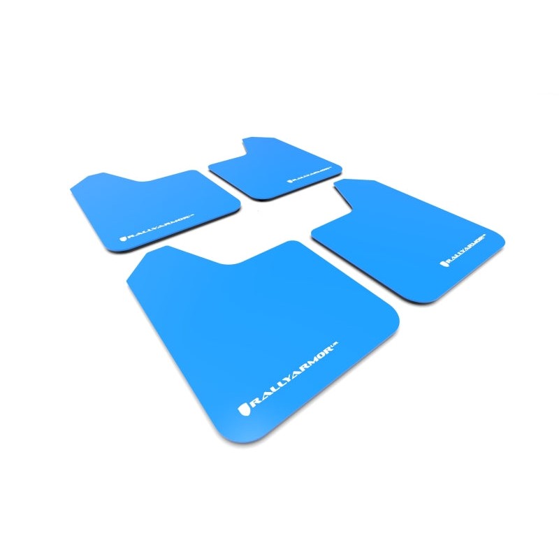 Four blue Rally Armor UR universal mud flaps featuring white logos