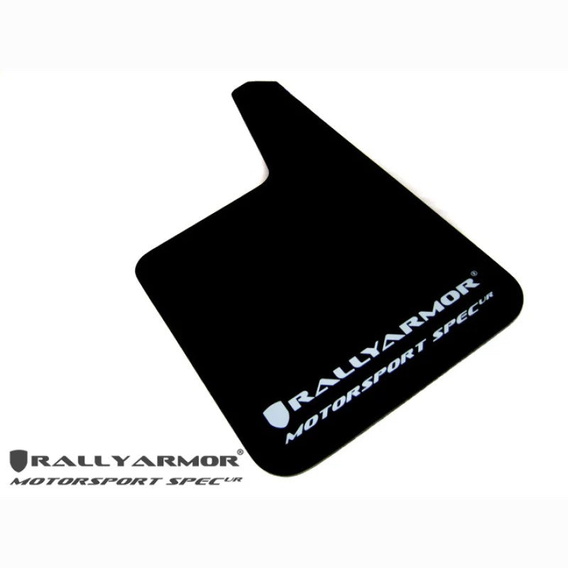 Rally Armor UR Motorsport Spec universal black polyurethane mud flap featuring a white logo