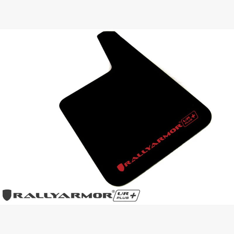Rally Armor UR Plus black polyurethane mud flap featuring a red logo for universal fitment.