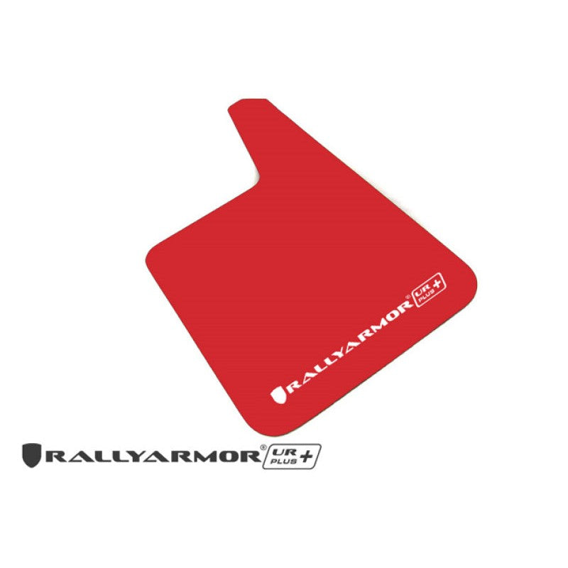 Set of four red Rally Armor UR Plus universal polyurethane mud flaps with white logos.