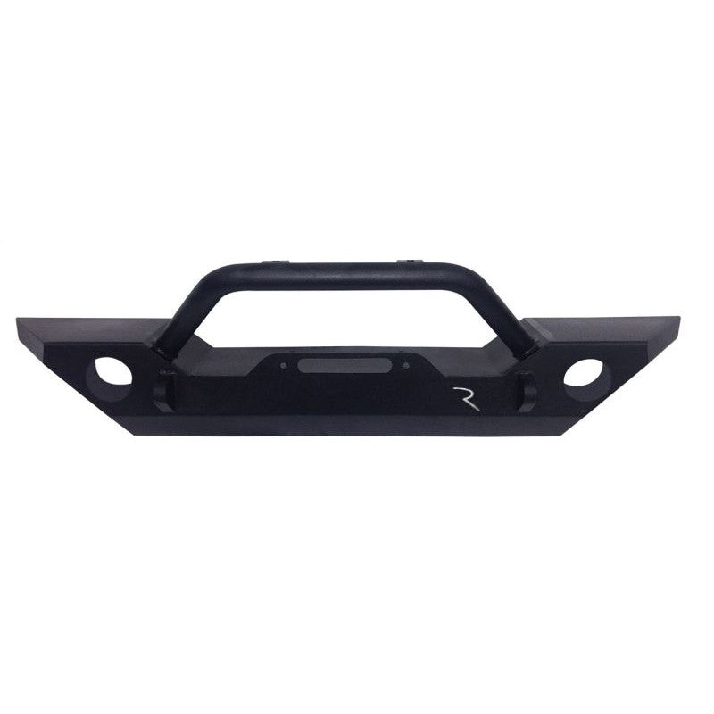 Rampage Rock Rage black textured steel front bumper with bull bar and winch plate for Jeep Wrangler and Gladiator.